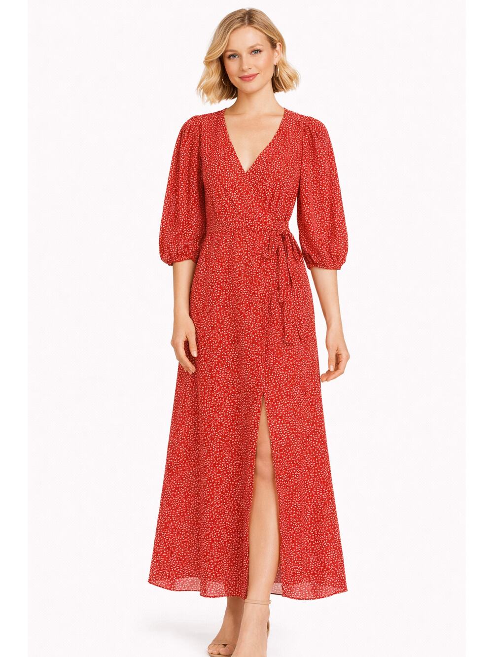 Glamorous Maxi Wrap Dress Womens Size 2 Red Ditsy Floral Balloon Sleeves